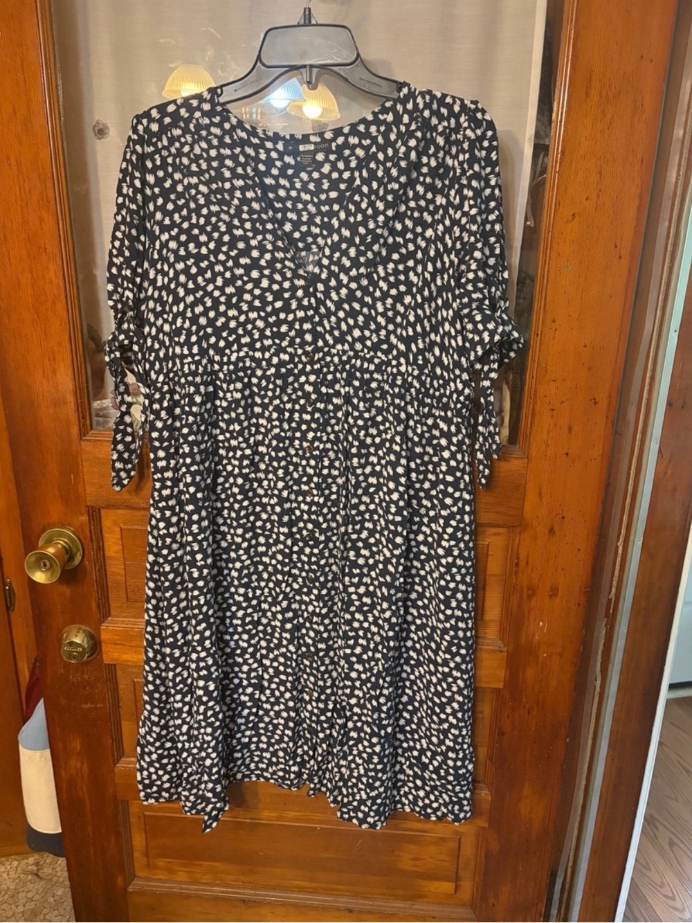 Navy & White Printed V-Neck Women’s Dress